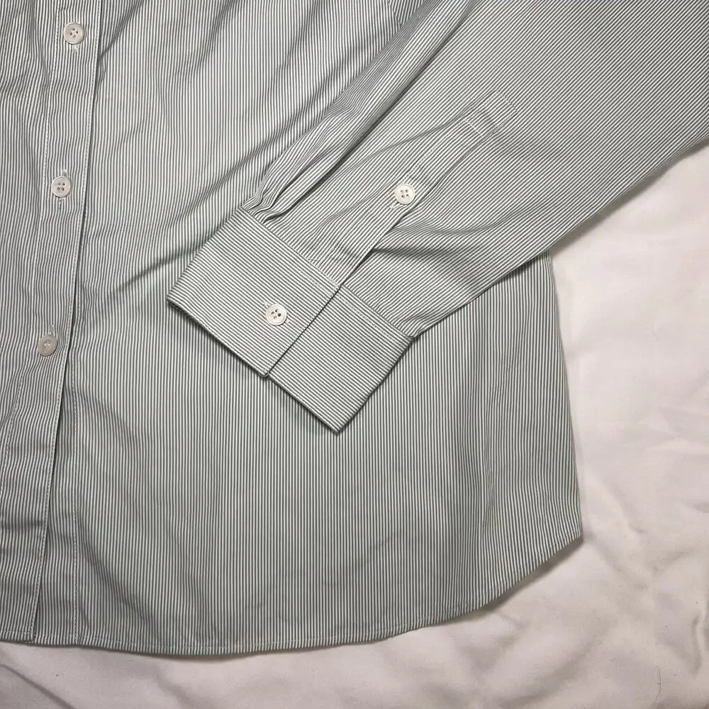 Lafayette 148 New York Shirt Womens Size 14 Green Stripe Button Front Top Blouse - Picture 6 of 14